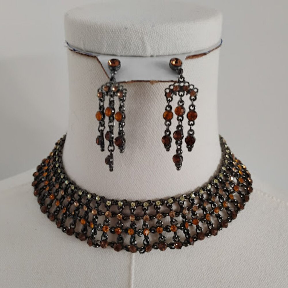 Orange Beaded Choker & Earrings